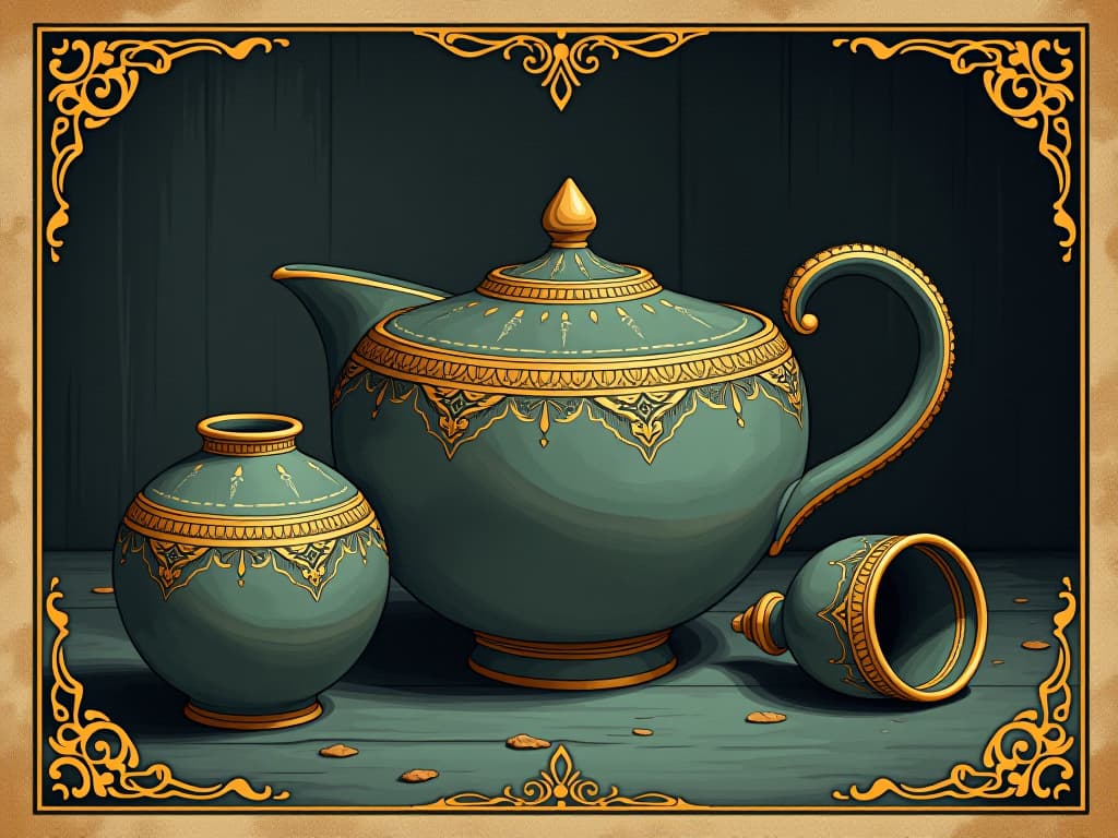  pottery with golden seams prominently displayed, symbolizing resilience and beauty, harmonious composition, elegant, meaningful, resilient. an illustration in the style of a worn, mystical old tarot trump card, mysterious and elements of surrealism. the colors are muted, somber and eerie, but with contrast bring out an occult and esoteric vibe.