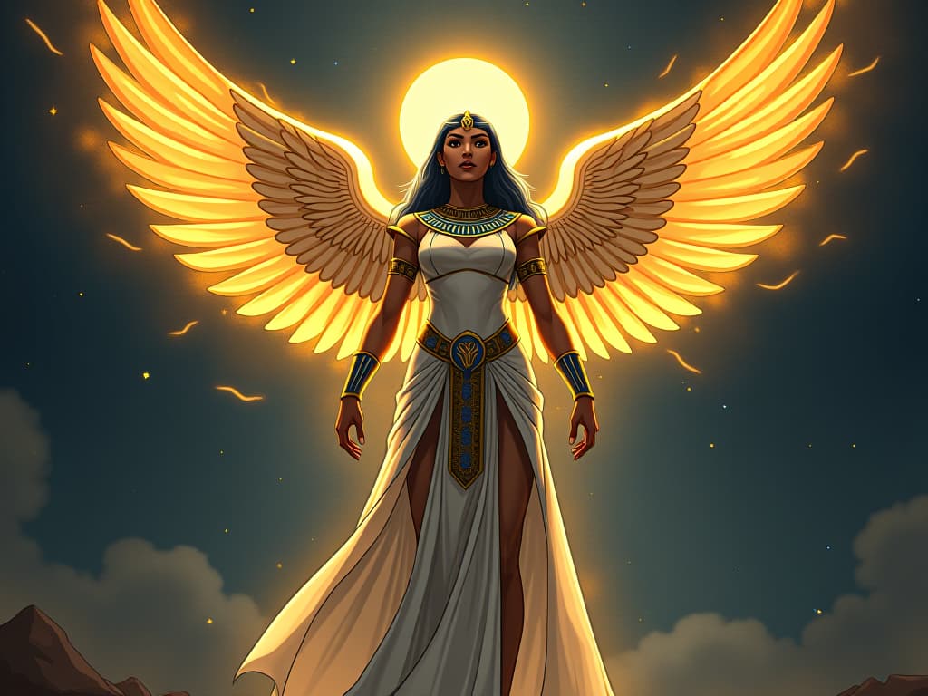  a radiant celestial figure, standing firm with shielded light, symbolizing the protection of boundaries, ensuring their light continues to shine. the style is digital art illustration / modern comic book / mysterious occult, symbolic, esoteric vibe,high detail on character design, incorporating ancient egyptian symbology and attire.