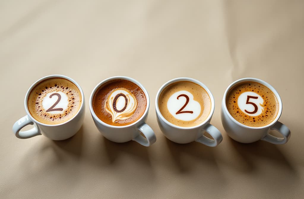  professional detailed photography, 4 cups of cappuccino stand in a row, numbers 2 0 2 5 are drawn on top of the milk, one in each cup in turn, new year's drawings, top view, new year's background , (muted colors, dim colors, soothing tones), (vsco:0.3)