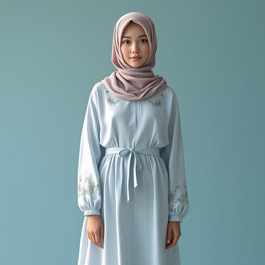  "design a modern casual hijab dress made from soft, lightweight linen fabric in pastel colors like light blue or blush pink. the dress should be midi length with a relaxed fit and feature long sleeves with delicate floral embroidery along the cuffs. the fabric should incorporate subtle vertical stripes, combined with small floral patterns scattered across the dress for a fresh, spring inspired look. the neckline should be a modest boat neck, with a matching tie belt to cinch the waist. pair the dress with a coordinating floral print hijab in the same light tones for a cohesive and airy style, perfect for daytime wear."  hyperrealistic, full body, detailed clothing, highly detailed, cinematic lighting, stunningly beautiful, intricate, sharp focus, f/1. 8, 85mm, (centered image composition), (professionally color graded), ((bright soft diffused light)), volumetric fog, trending on instagram, trending on tumblr, HDR 4K, 8K