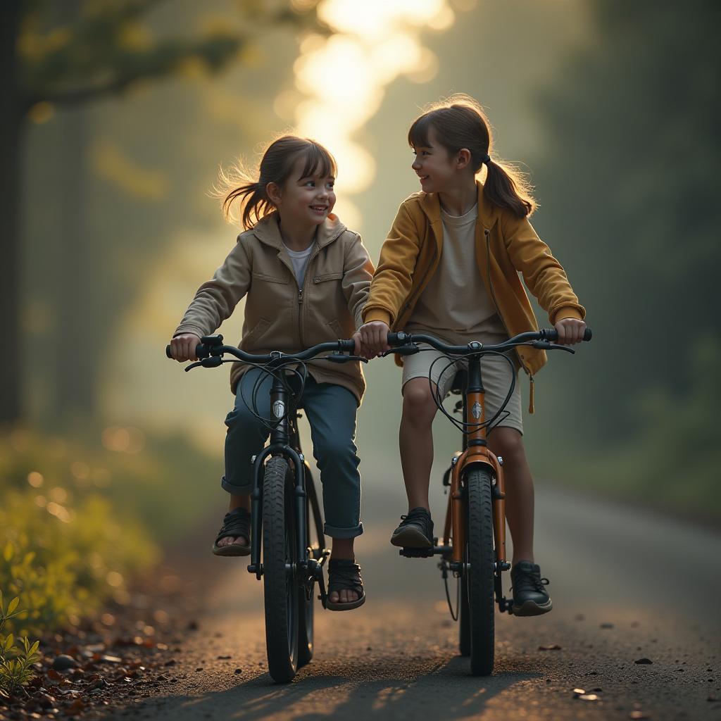  a girl and a boy riding a bike hyperrealistic, full body, detailed clothing, highly detailed, cinematic lighting, stunningly beautiful, intricate, sharp focus, f/1. 8, 85mm, (centered image composition), (professionally color graded), ((bright soft diffused light)), volumetric fog, trending on instagram, trending on tumblr, HDR 4K, 8K