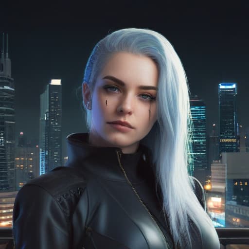 Sister Colette in Cyberpunk style with City background