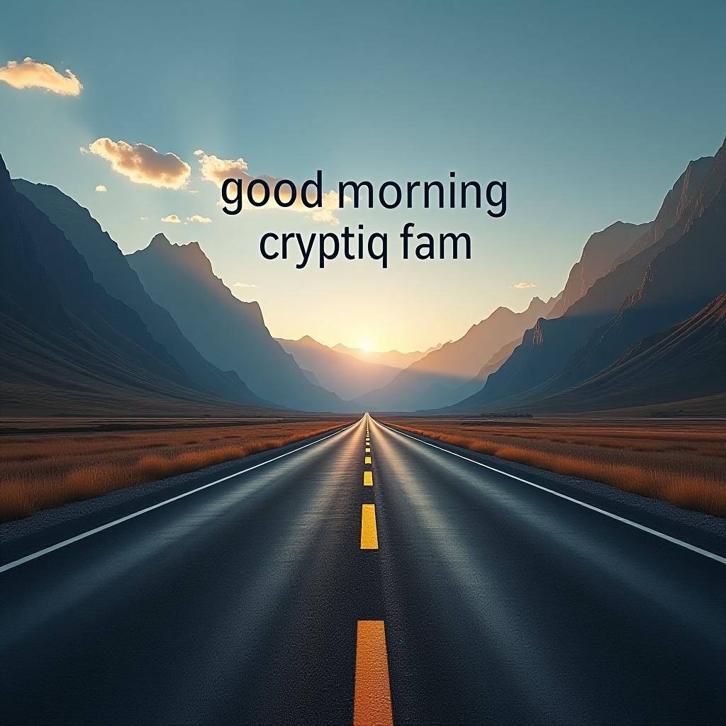  a long road between mountains and at the end of the road the message "good morning cryptiq fam" is written on the sky