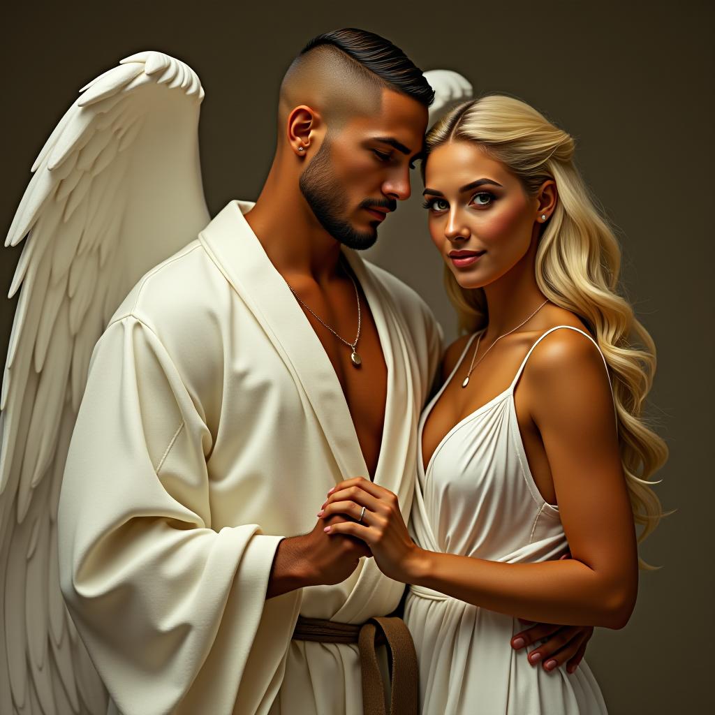  make an image of a tan skinned man wearing a white robe and wings holding the hand of a blonde woman with tan olive skin and green eyes