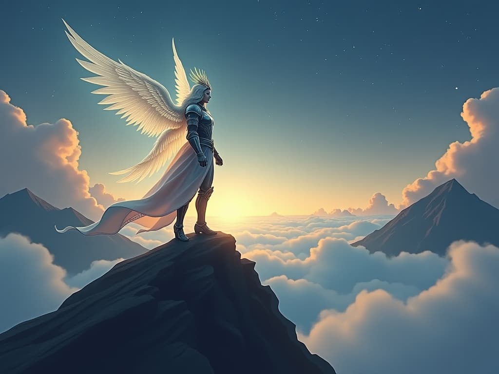  an ethereal warrior in glowing armor, standing triumphantly on a mountaintop, misty clouds below, under a sky filled with faint, glowing stars, symbolizing inner strength and revelation.. the style is digital art illustration,highly detailed, whimsical,magical, dreamlike atmosphere, realism and fantasy blend, smooth, glossy textures,luminous quality, wonder and enchantment.