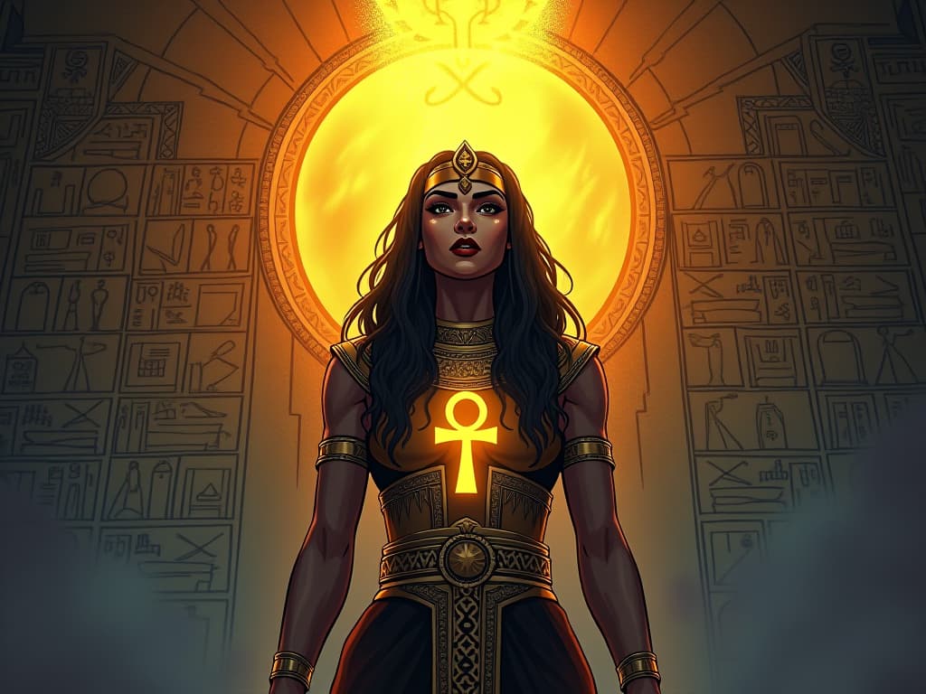  golden ankh glowing against a backdrop of ancient hieroglyphs, symbolizing divine transformation. the style is digital art illustration / modern comic book / mysterious occult, symbolic, esoteric vibe,high detail on character design, incorporating ancient egyptian symbology and attire.