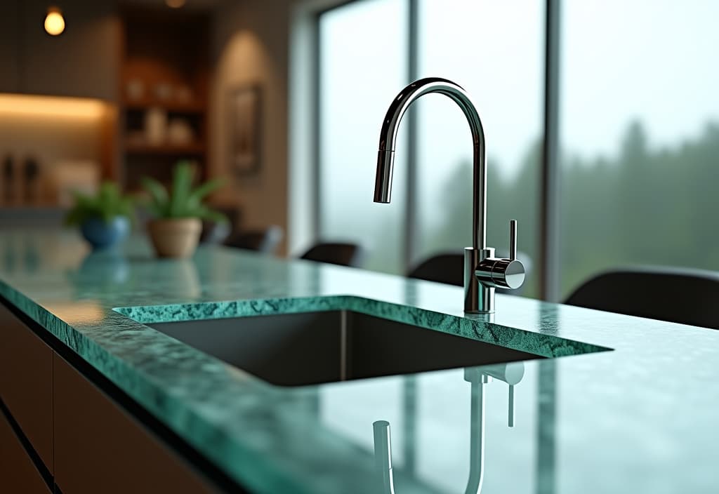  a landscape photo of a close up of a stylish kitchen countertop made from recycled glass, with a modern sink and faucet, showcasing eco friendly materials in a contemporary setting hyperrealistic, full body, detailed clothing, highly detailed, cinematic lighting, stunningly beautiful, intricate, sharp focus, f/1. 8, 85mm, (centered image composition), (professionally color graded), ((bright soft diffused light)), volumetric fog, trending on instagram, trending on tumblr, HDR 4K, 8K