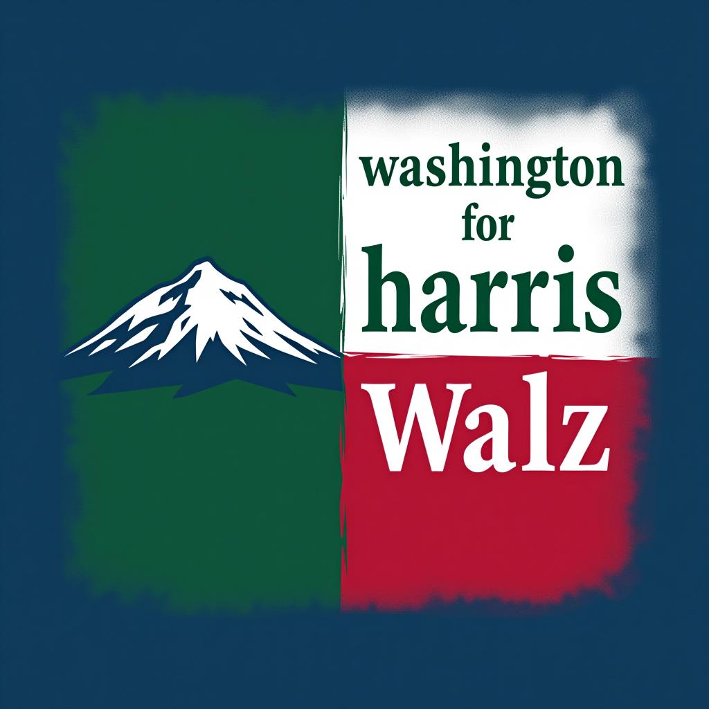  a tshirt design inspired by the washington state flag. the left side features a green vertical stripe with a large mountain in the center. the right side is divided into two horizontal sections: the top section is white with the text 'washington for' in bold, green, uppercase letters, and the bottom section is red with the text 'harris walz 2024' in bold, white, uppercase letters. the overall layout is clean and straightforward, with a clear and patriotic color scheme of blue, white, and red.