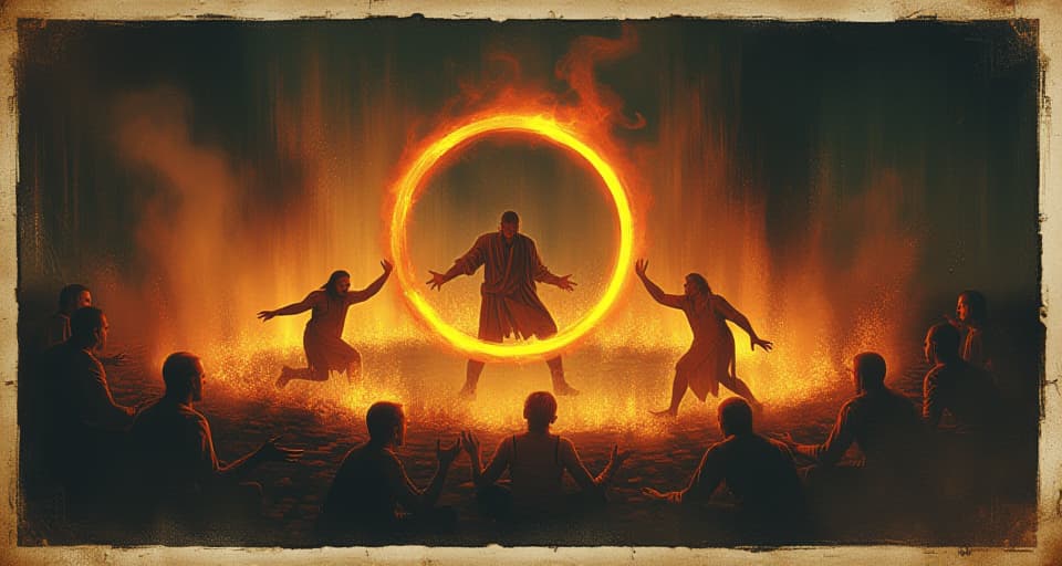  individuals trapped within a ring of fire, trying to escape, intense heat, inevitable fate, learning painful lessons. an illustration in the style of a worn, mystical old tarot trump card, mysterious and elements of surrealism. the colors are muted, somber and eerie, but with contrast bring out an occult and esoteric vibe.