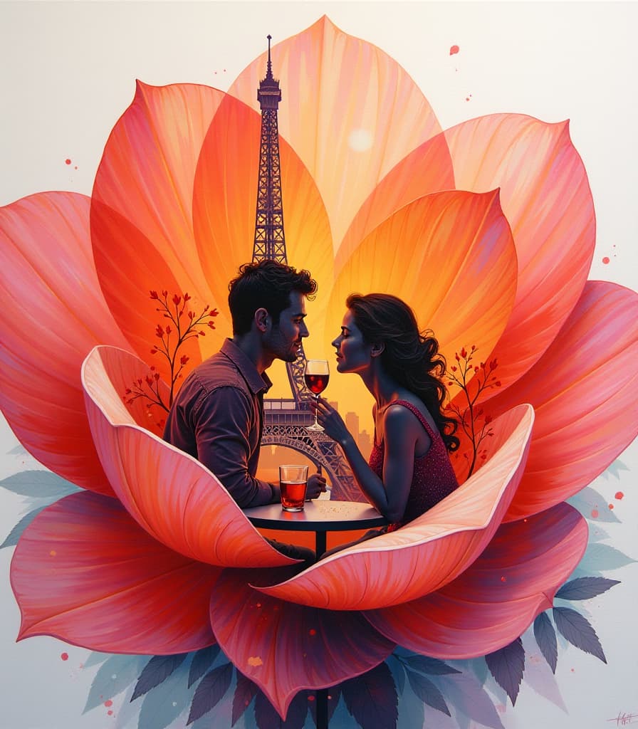  (bright summer palette:1.2) (palette knife oil painting:1.3) of a giant flower:1.1) with a double exposure:1.2) effect, where a (cozy outdoor cafe:1.3) emerges from the flower's intricate petals. a (romantic scene:1.2) unfolds with (two lovers:1.1) sitting in the cafe, (sipping mulled wine:1.2) looking up at the eiffel tower. the image blends seamlessly with the petals, creating a (layered composition:1.1) that conveys the (summer mood:1.3) of a perfect date. the dissolving sketch:1.2) brings an impressionistic touch, showcasing (photorealistic details:1.3) of the lovers' expressions against the background of (flower petals:1.1).