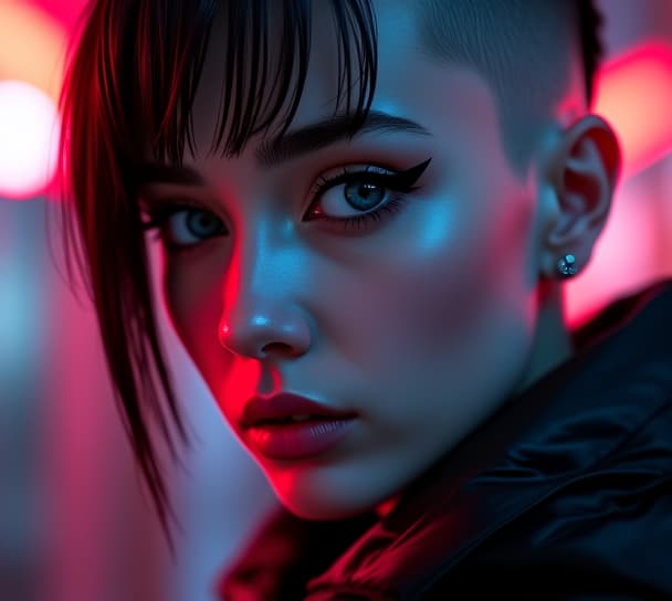  ultra realistic close up portrait ((beautiful pale cyberpunk female with heavy black eyeliner)), blue eyes, shaved side haircut, hyper detail, cinematic lighting, magic neon, dark red city, canon eos r3, nikon, f/1.4, iso 200, 1/160s, 8k, raw, unedited, symmetrical balance, in frame, 8k hyperrealistic, full body, detailed clothing, highly detailed, cinematic lighting, stunningly beautiful, intricate, sharp focus, f/1. 8, 85mm, (centered image composition), (professionally color graded), ((bright soft diffused light)), volumetric fog, trending on instagram, trending on tumblr, HDR 4K, 8K