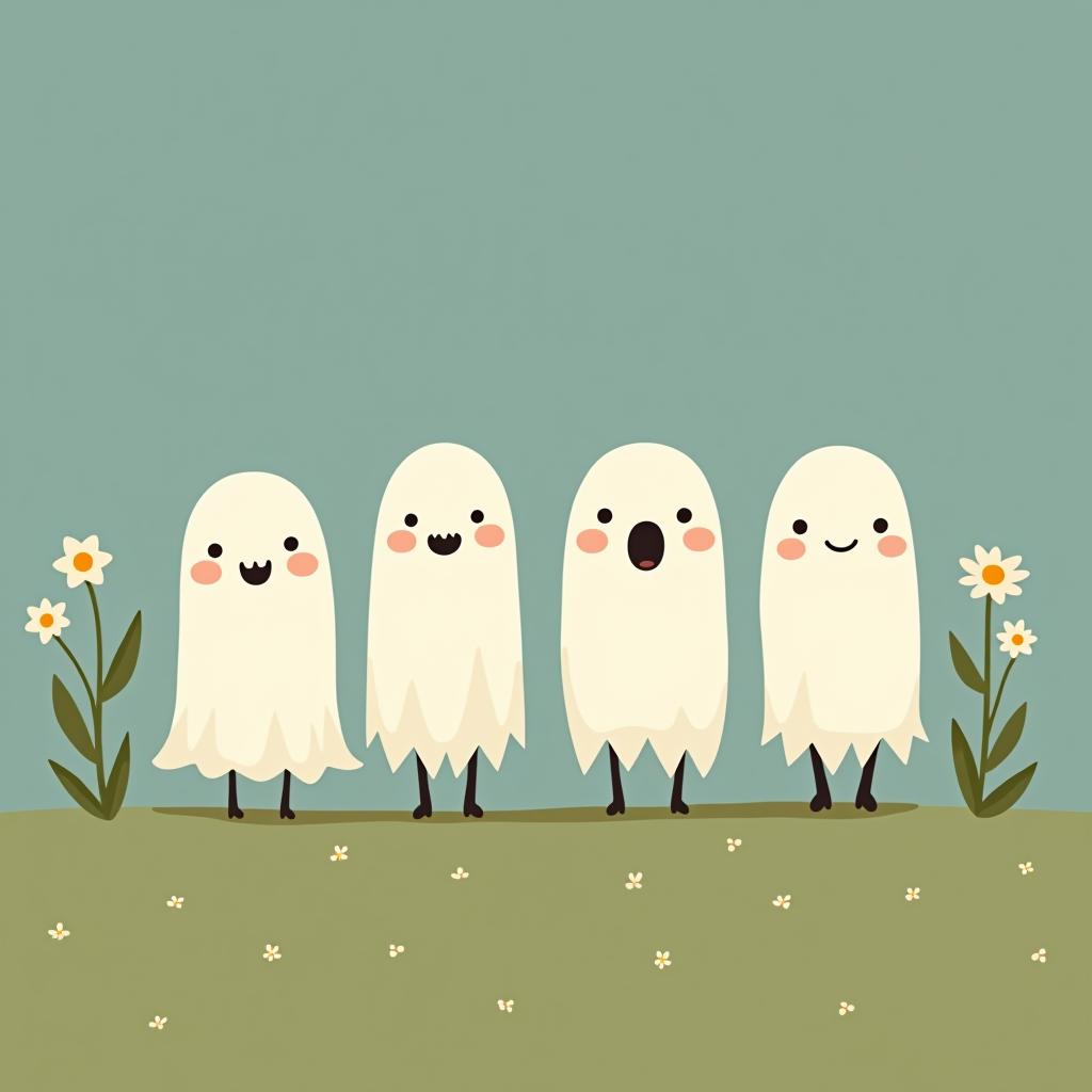  create a digital illustration featuring a row of four or five cute, cartoonish ghost characters, each with a different appearance, standing in different positions within sparse, life like wildflowers.