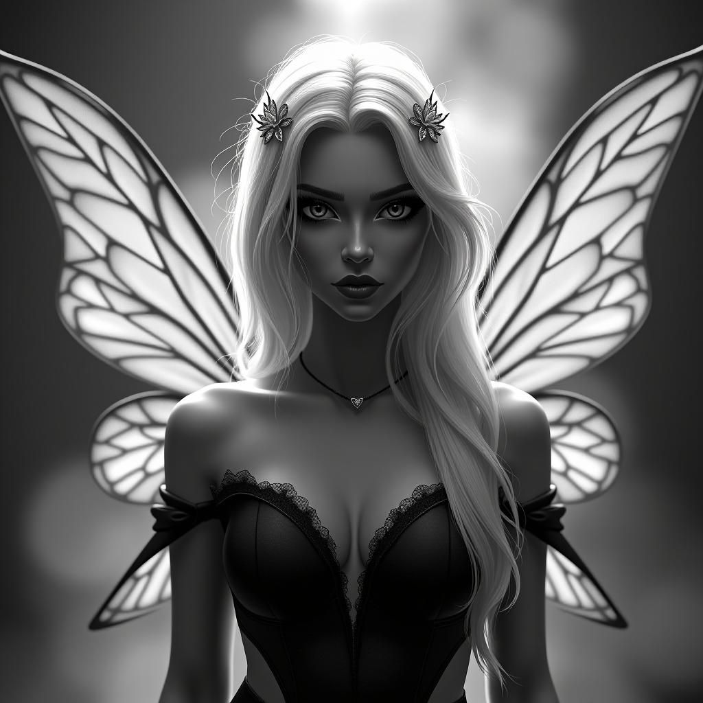  black and white vector contour of an adult, beautiful and spicy fairy with wings and a high quality, beautiful, serious face, i don't know what to do. long white hair line hyperrealistic, full body, detailed clothing, highly detailed, cinematic lighting, stunningly beautiful, intricate, sharp focus, f/1. 8, 85mm, (centered image composition), (professionally color graded), ((bright soft diffused light)), volumetric fog, trending on instagram, trending on tumblr, HDR 4K, 8K