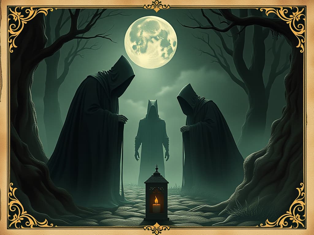  shadowy figures, hidden in darkness, items projecting shadows, lingering effects of the past, haunted air, tense mood. an illustration in the style of a worn, mystical old tarot trump card, mysterious and elements of surrealism. the colors are muted, somber and eerie, but with contrast bring out an occult and esoteric vibe.