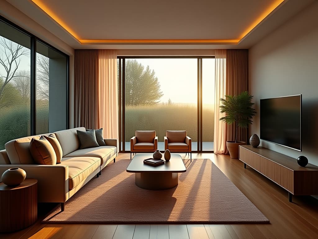  capture a stunningly beautiful, hyperrealistic 8k photograph of a living room designed in a contemporary style, emphasizing the latest trends with clean lines, balance, and harmony. the scene, set during sunrise light, features a dutch angle shot that creatively showcases dense furnishings and decorations. the image, taken with a wide angle 35mm f/2 lens and cinestill 800t film grain, enhances the intricate background blur, adding to the visual allure. colors are professionally graded, with dawn pink (rgb 243, 233, 229) as the dominant hue, complemented by limed ash (rgb 116, 125, 99) and accented with sage (rgb 158, 165, 135), battleship gray (rgb 130, 143, 114), and granite green (rgb 141, 137, 116).