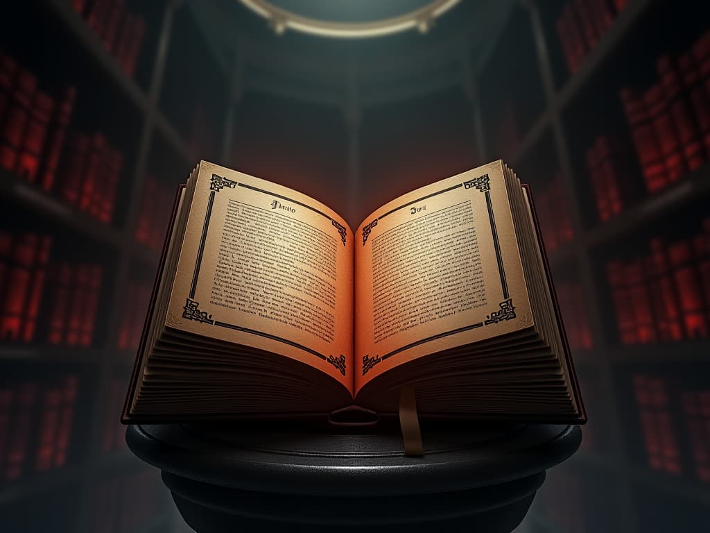  an ancient tome open on a pedestal, pages glowing with inscriptions of past deeds, an aura of revelation, dimly lit ancient library filled with arcane knowledge.. the style is dark fantasy and mysterious occult, symbolic, moody lighting, esoteric vibe,high detail on character design. for the color scheme emphasize blacks and reds.