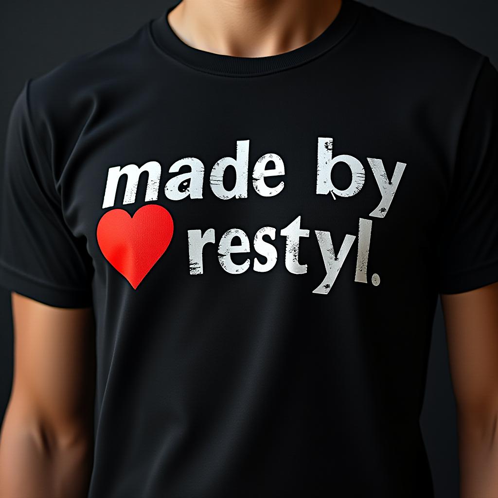  black t shirt with white distressed font reading made by followed by a red heart symbol, then restyl.ai in crisp white letters. font for made by is casual and slightly italicized, whereas restyl.ai is in a bold, sans serif font, all centered on chest.  hyperrealistic, full body, detailed clothing, highly detailed, cinematic lighting, stunningly beautiful, intricate, sharp focus, f/1. 8, 85mm, (centered image composition), (professionally color graded), ((bright soft diffused light)), volumetric fog, trending on instagram, trending on tumblr, HDR 4K, 8K