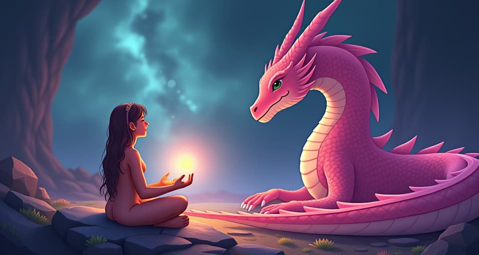  the chosen one meditating with the pink dragon nearby, drawing from its energy, a luminous glow surrounding them as they tap into their inner medicine and unique gifts. the style is digital art illustration,highly detailed, whimsical,magical, dreamlike atmosphere, realism and fantasy blend, smooth, glossy textures,luminous quality, wonder and enchantment.