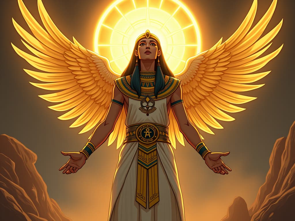  a radiant figure surrounded by a halo of golden light, arms outstretched, channelling celestial energies, surrounded by ethereal symbols, atmosphere of divine alignment. the style is digital art illustration / modern comic book / mysterious occult, symbolic, esoteric vibe,high detail on character design, incorporating ancient egyptian symbology and attire.