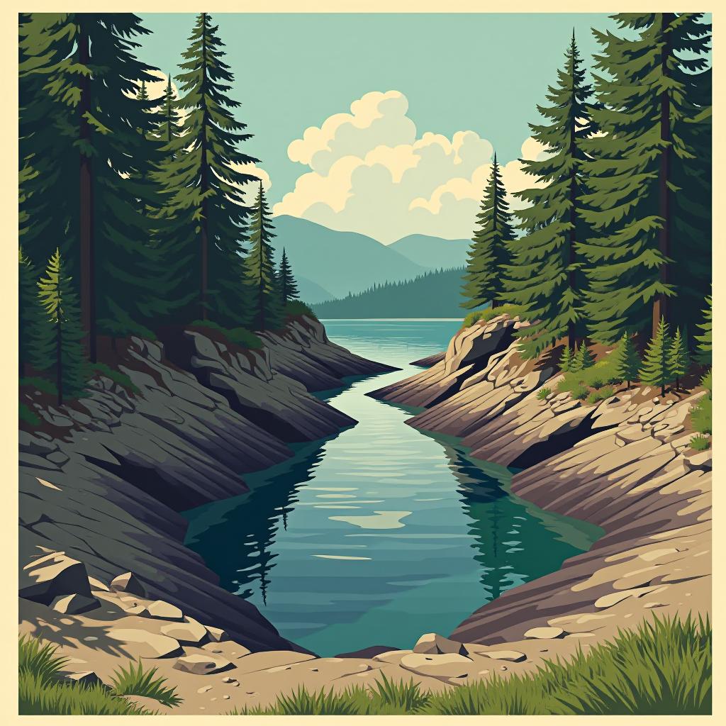  create an image of sooke potholes, british columbia. present it in the style of the a vintage parks poster