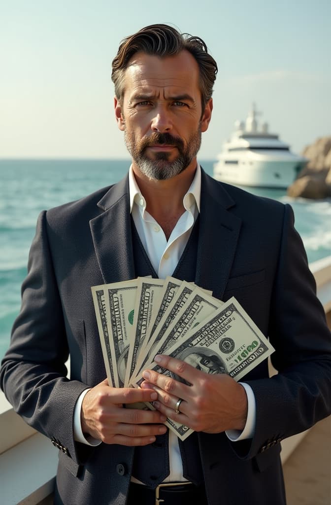  a man with a large wad of money against the backdrop of the sea with a yacht and an expensive car, realistic, portrait, art by donato giancola and greg rutkowski, realistic face, digital art, trending on artstation hyperrealistic, full body, detailed clothing, highly detailed, cinematic lighting, stunningly beautiful, intricate, sharp focus, f/1. 8, 85mm, (centered image composition), (professionally color graded), ((bright soft diffused light)), volumetric fog, trending on instagram, trending on tumblr, HDR 4K, 8K