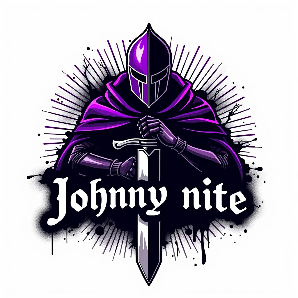  design a logo, in a surrealism style. knight graffiti purple and black, with the text 'johnny nite'.