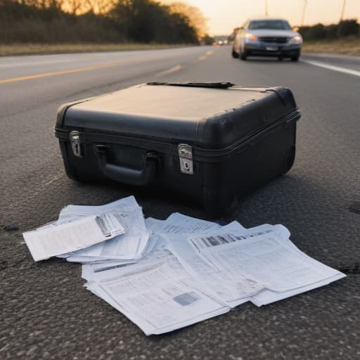 A photo of a worn-out briefcase strewn open with scattered legal papers on a cracked asphalt road in front of a car crash scene, surrounded by emergency vehicles in the soft glow of early evening light.