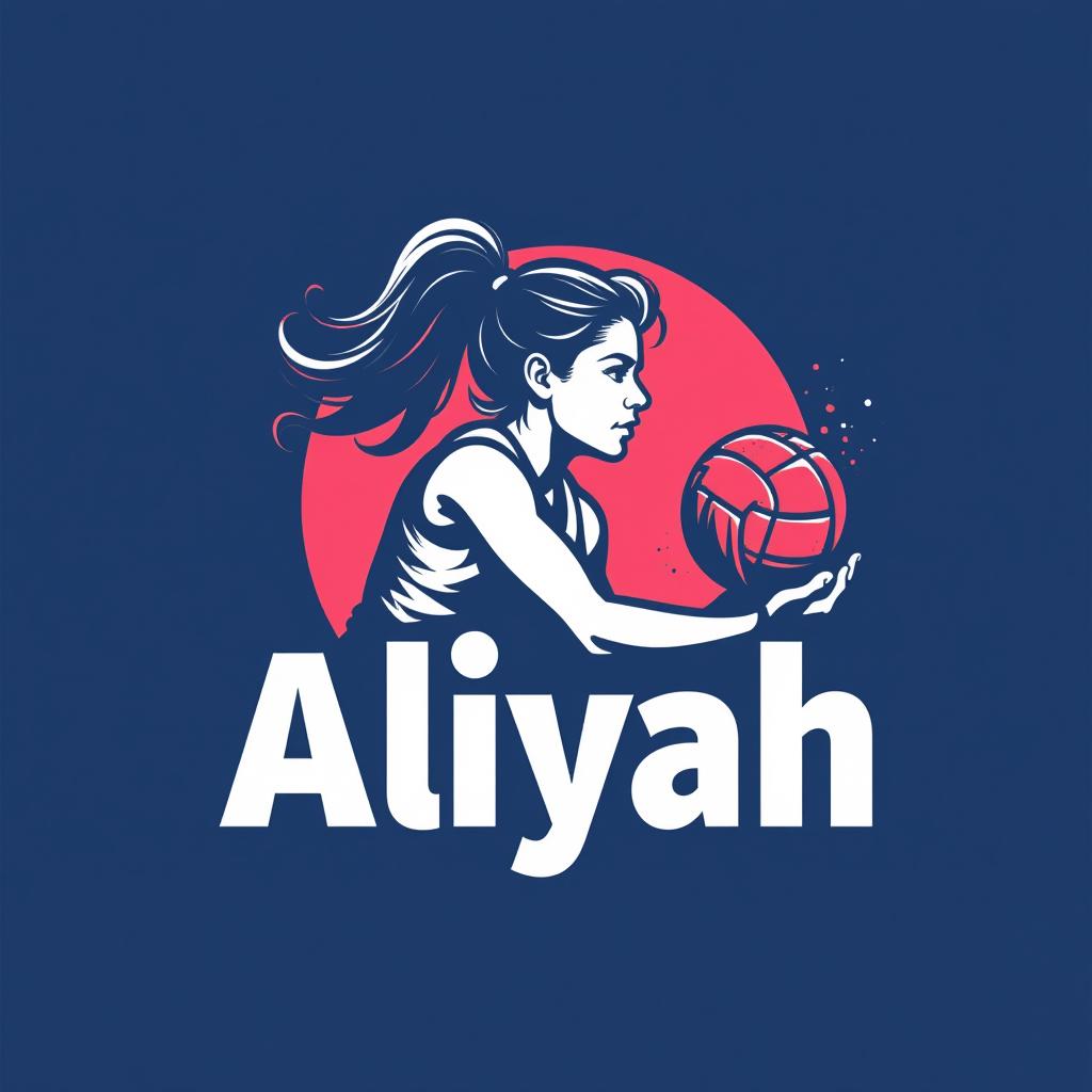  design a logo, logotipo minimalista en el tema de jugadora de volley ball atacando la red con el texto ‘aliyah’ colores blanco, rosa claro y azul marino . silueta de mujer adolescente con cabello ondulado