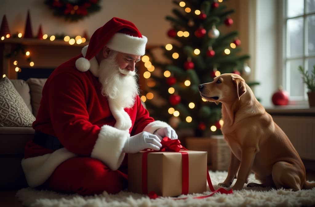  advertising style, stock photo, corporate branding style santa is wrapping presents in the living room. a dog is sitting nearby. in the background are lights, a christmas tree, and a wreath. ar 3:2 . professional, clean, modern, product focused, commercial, eye catching, minimalist, business oriented, highly detailed