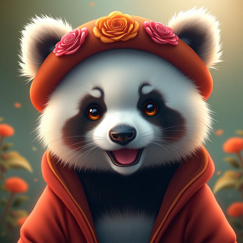  cute adult panda smiling with flower hat anime style hyperrealistic, full body, detailed clothing, highly detailed, cinematic lighting, stunningly beautiful, intricate, sharp focus, f/1. 8, 85mm, (centered image composition), (professionally color graded), ((bright soft diffused light)), volumetric fog, trending on instagram, trending on tumblr, HDR 4K, 8K