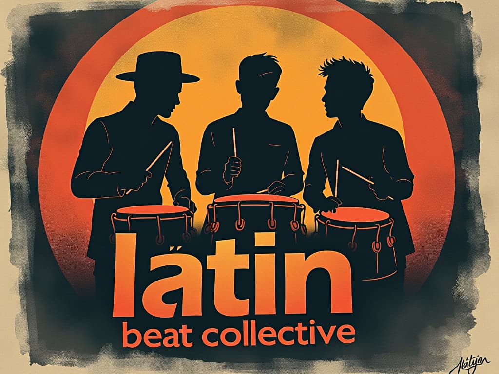  design a logo, in a surrealism style. 3 sombras de manos de hombres tocando tambores , with the text 'latín beat collective '.