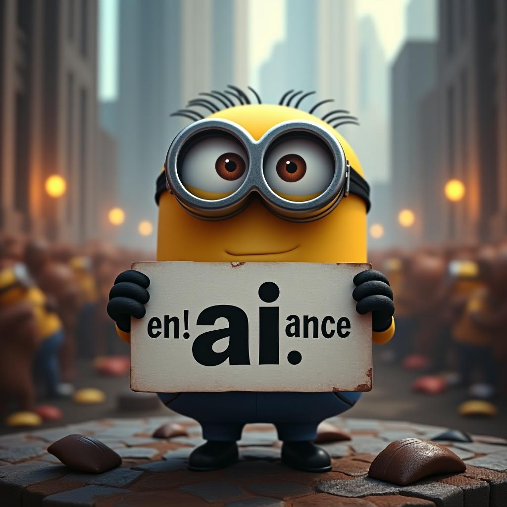  a minion , masterpiece,(holding up a sign with the word "enhance ai"), epic background, positive emotional,