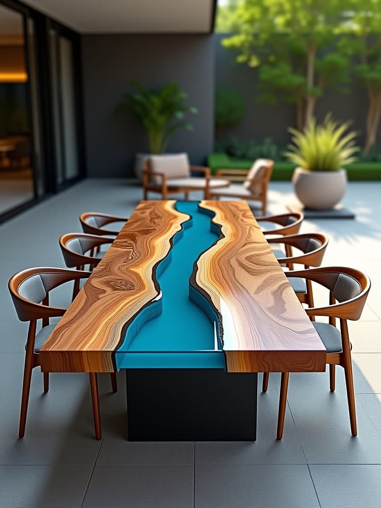  high quality portrait photo of an artistic patio table made from reclaimed wood and resin, featuring a swirling blue design mimicking a river, surrounded by minimalist chairs, set against a backdrop of contemporary architecture, shot from a 45 degree angle hyperrealistic, full body, detailed clothing, highly detailed, cinematic lighting, stunningly beautiful, intricate, sharp focus, f/1. 8, 85mm, (centered image composition), (professionally color graded), ((bright soft diffused light)), volumetric fog, trending on instagram, trending on tumblr, HDR 4K, 8K