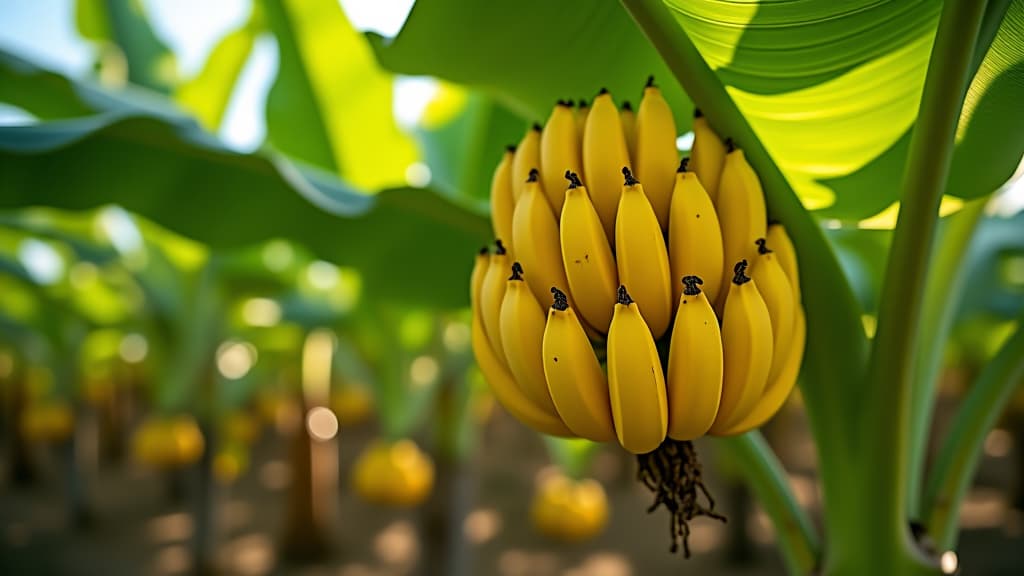  outdoors sunny garden full of tropical banana tree plants full of a bunch of yellow ripe banana fruits and large exotic green leaves casting the shadow. organic food growth, plantation and farming