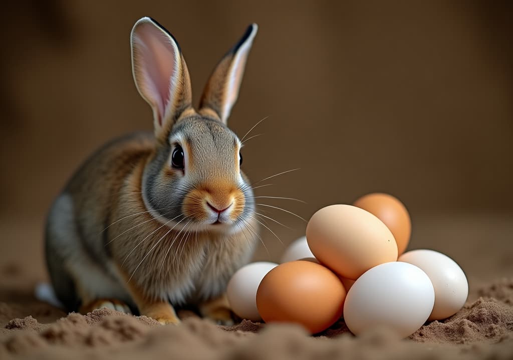  a rabbit next to a pile of eggs