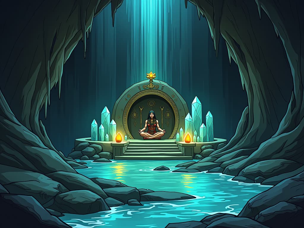  a small, serene shrine in the heart of a grotto, filled with glowing crystals and flowing water, a meditative figure, representing places to cleanse and recharge. the style is digital art illustration / modern comic book / mysterious occult, symbolic, esoteric vibe,high detail on character design, incorporating ancient egyptian symbology and attire.