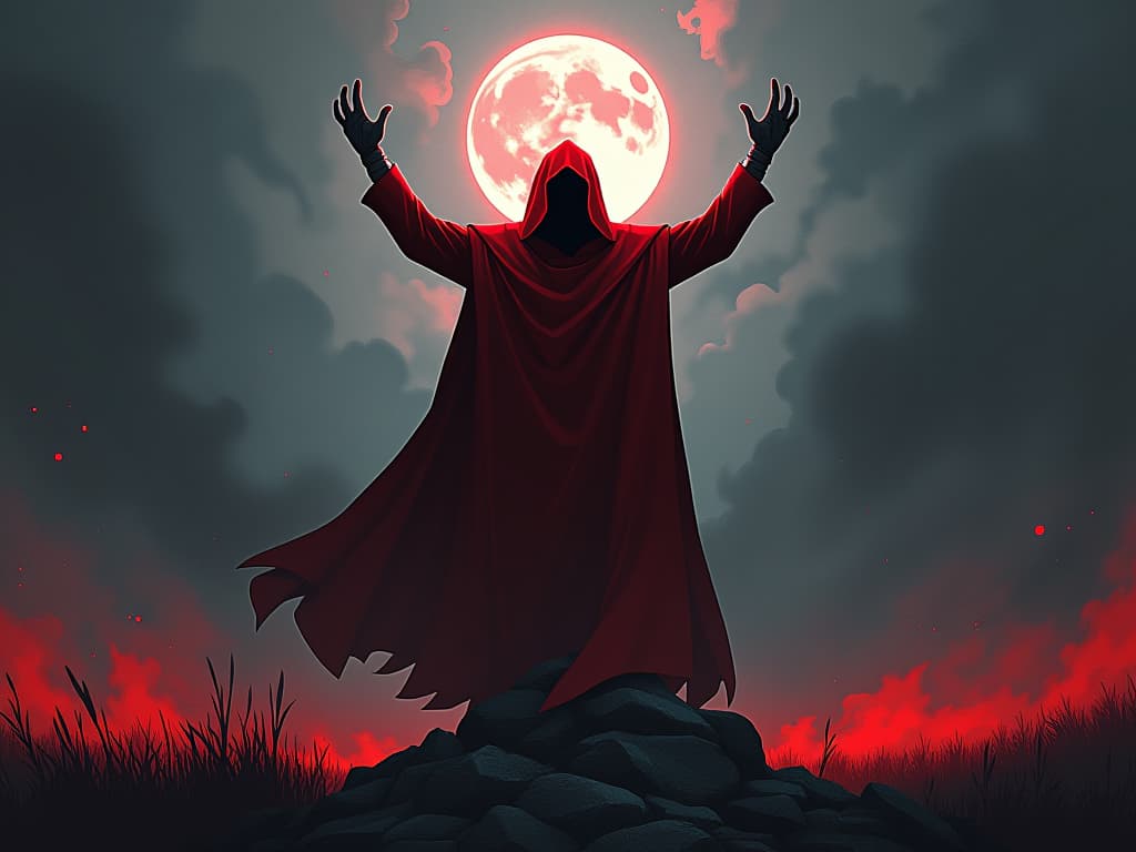  red clad individual, standing victorious on a battlefield, aura of empowerment and understanding. the style is digital art illustration / modern comic book / graphic dark novel fantasy and mysterious occult, symbolic, moody lighting, esoteric vibe,high detail on character design. for the color scheme emphasize blacks and reds.