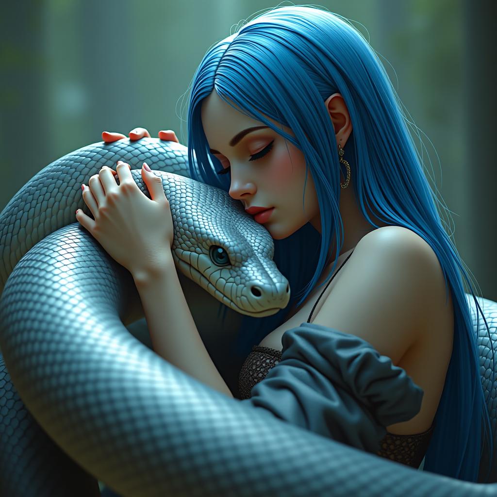  concept art beautiful with blue hair makes love with a big silver snake gently hugs snake. snake bends from caresses . digital artwork, ilrative, painterly, matte painting, highly detailed hyperrealistic, full body, detailed clothing, highly detailed, cinematic lighting, stunningly beautiful, intricate, sharp focus, f/1. 8, 85mm, (centered image composition), (professionally color graded), ((bright soft diffused light)), volumetric fog, trending on instagram, trending on tumblr, HDR 4K, 8K