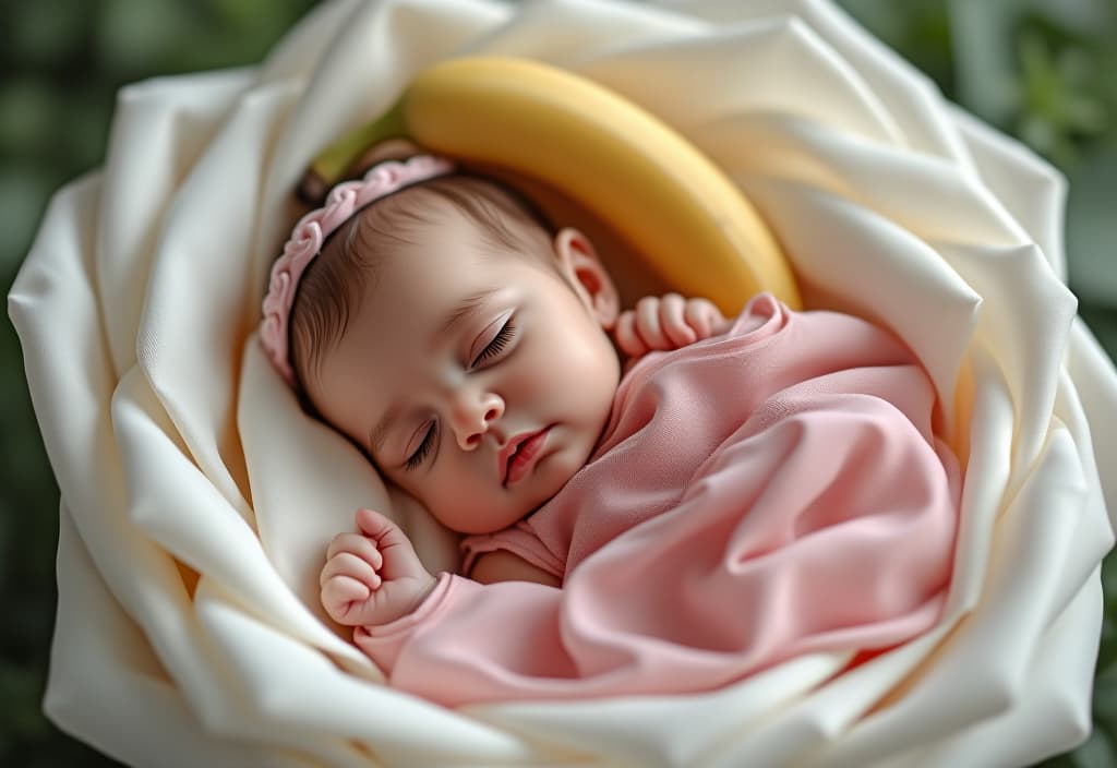  hyperrealistic art a newborn girl with long eyelashes and a banana on her head, a pink dress sleeps inside a white rose. . extremely high resolution details, photographic, realism pushed to extreme, fine texture, incredibly lifelike hyperrealistic, full body, detailed clothing, highly detailed, cinematic lighting, stunningly beautiful, intricate, sharp focus, f/1. 8, 85mm, (centered image composition), (professionally color graded), ((bright soft diffused light)), volumetric fog, trending on instagram, trending on tumblr, HDR 4K, 8K