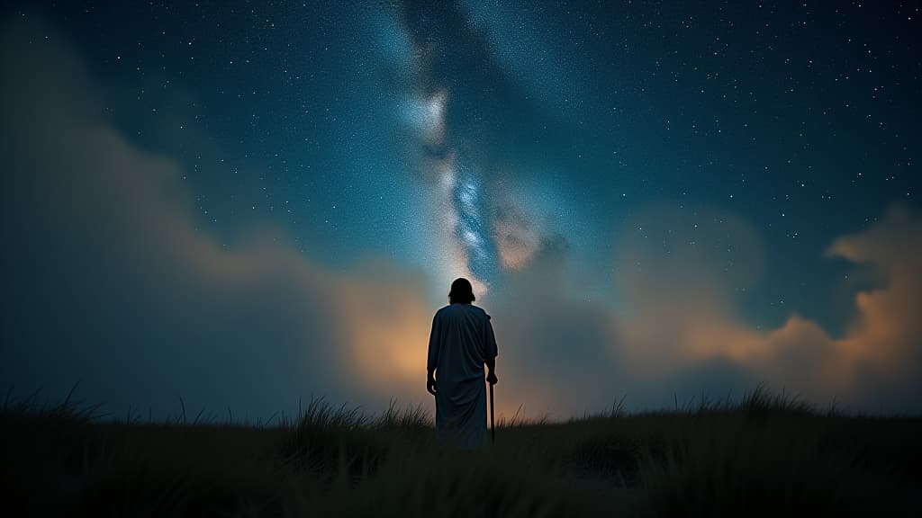  history of biblical times, gideon praying under a night sky full of stars, reflecting divine guidance and peace. hyperrealistic, full body, detailed clothing, highly detailed, cinematic lighting, stunningly beautiful, intricate, sharp focus, f/1. 8, 85mm, (centered image composition), (professionally color graded), ((bright soft diffused light)), volumetric fog, trending on instagram, trending on tumblr, HDR 4K, 8K