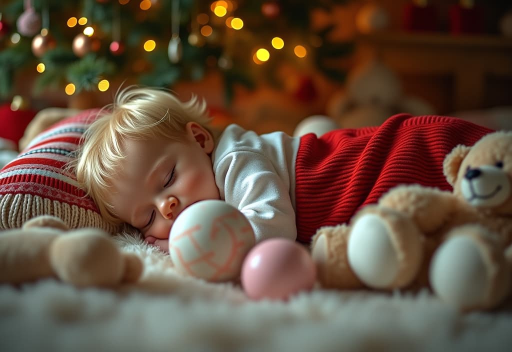  hyperrealistic art the baby's a blond boy in a jog with the bears and soft balls, sleeping under a girled tree on christmas. . extremely high resolution details, photographic, realism pushed to extreme, fine texture, incredibly lifelike hyperrealistic, full body, detailed clothing, highly detailed, cinematic lighting, stunningly beautiful, intricate, sharp focus, f/1. 8, 85mm, (centered image composition), (professionally color graded), ((bright soft diffused light)), volumetric fog, trending on instagram, trending on tumblr, HDR 4K, 8K