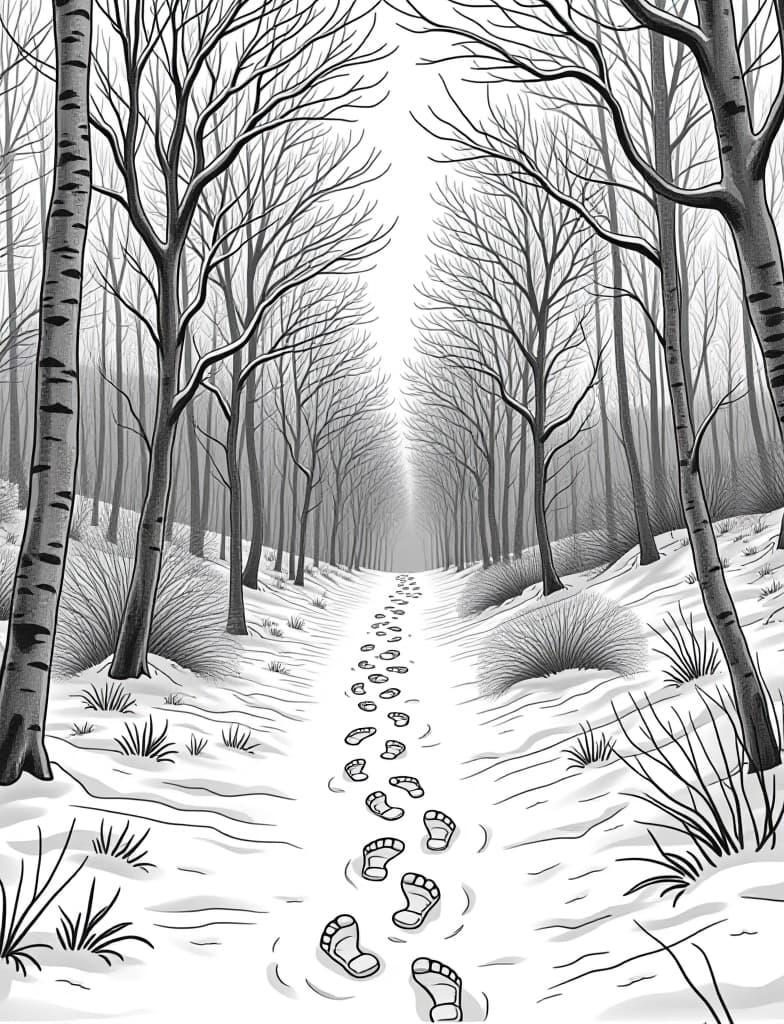  this is for an adult coloring page. a detailed black and white line art of a snowy snowy woodland trail with footprints leading through the trees on a solid white background.