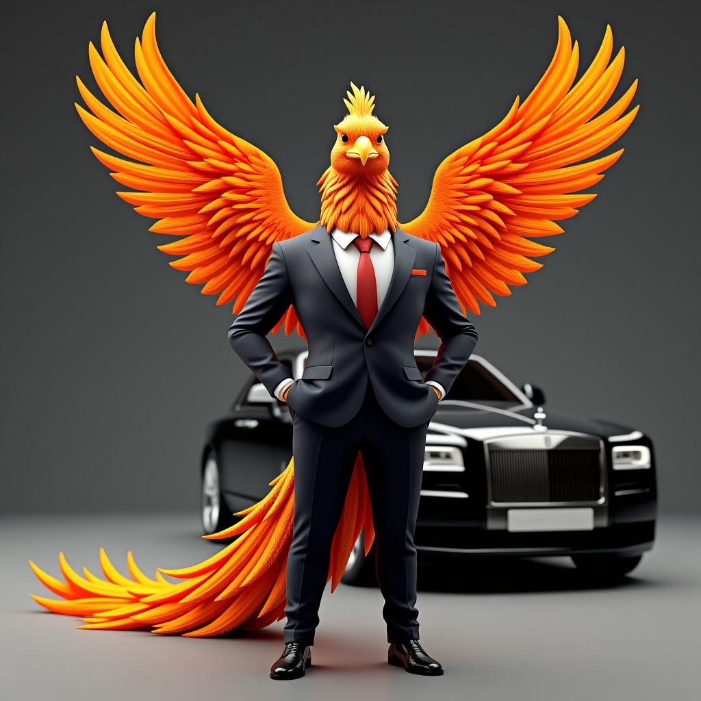  3d, humanlike phoenix, wearing a formal suit, with luxury car at the background