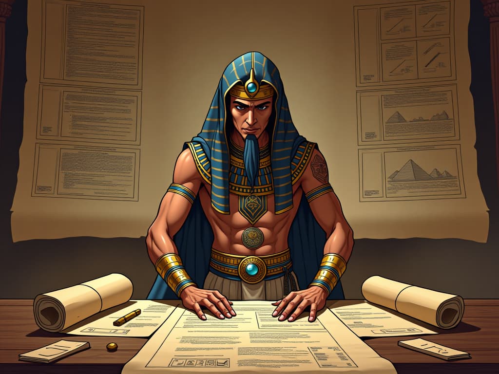  ancient egyptian planner in form fitting linen, surrounded by papyrus scrolls and blueprints, breaking down tasks, scene of deliberate and meticulous planning. the style is digital art illustration / modern comic book / mysterious occult, symbolic, esoteric vibe,high detail on character design, incorporating ancient egyptian symbology and attire.