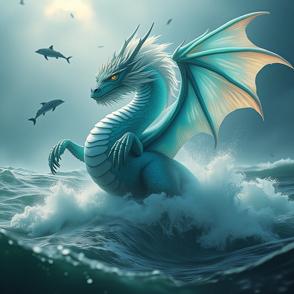  a majestic water dragon [1.3] emerging from a turbulent sea, its body formed of swirling, transparent water [1.4]. scales shimmer with the colors of the deep ocean teals, sapphires, and aquamarines. eyes glow like bioluminescent creatures [1.2], piercing through the mist. mane and whiskers made of white sea foam, billowing in the wind. wings spread wide, composed of cascading waterfalls [1.3] that create rainbows in the sunlight. surrounded by a storm of flying fish and leaping dolphins. hyper detailed water textures [1.5], dynamic pose, dramatic lighting with sun breaking through storm clouds. hyperrealistic, full body, detailed clothing, highly detailed, cinematic lighting, stunningly beautiful, intricate, sharp focus, f/1. 8, 85mm, (centered image composition), (professionally color graded), ((bright soft diffused light)), volumetric fog, trending on instagram, trending on tumblr, HDR 4K, 8K