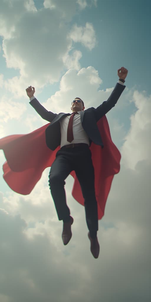  business person look like superhero flying on sky.strong and confidence concepts.vision of leadership ideas, high quality, high details, hd, perfect composition, 4k epic detailed, highly detailed, sharp focus, high resolution