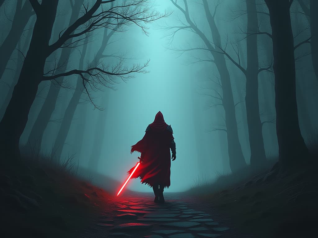  warrior in red armor, stepping onto a misty path, aura of determination and redemption, fog shrouded surroundings. the style is digital art illustration / modern comic book / graphic dark novel fantasy and mysterious occult, symbolic, moody lighting, esoteric vibe,high detail on character design. for the color scheme emphasize blacks and reds.