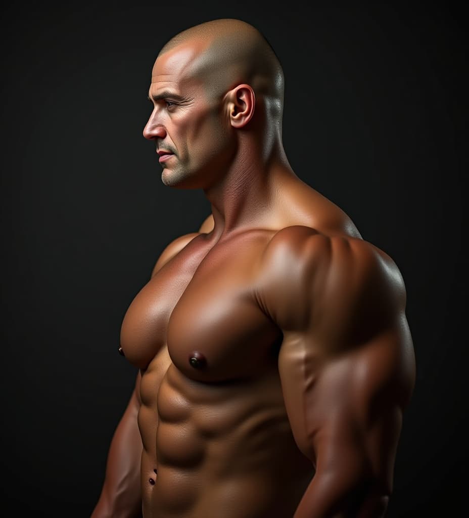  realistic photo of the profile muscular bald man 50 years with huge pecs