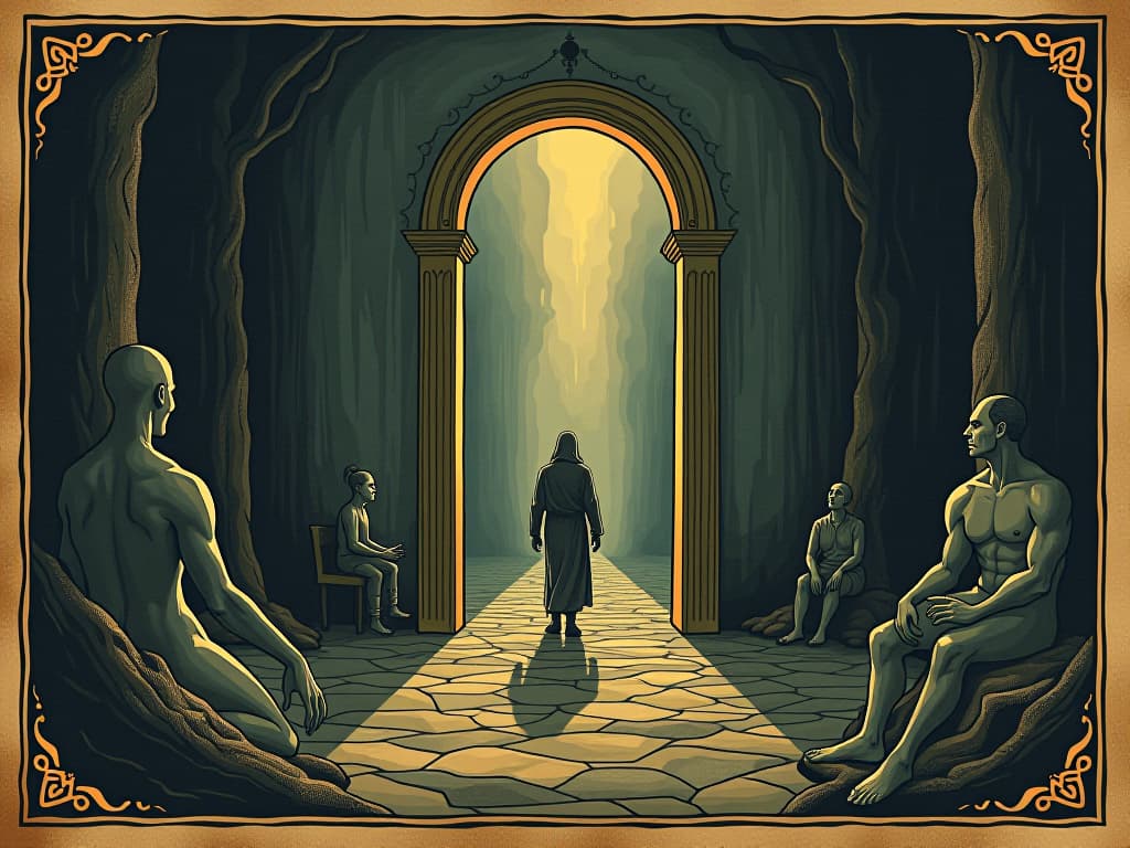  an open gateway, leading to a surreal dimension, beyond ordinary reality, portal shimmering, limitless and profound. an illustration in the style of a worn, mystical old tarot trump card, mysterious and elements of surrealism. the colors are muted, somber and eerie, but with contrast bring out an occult and esoteric vibe.