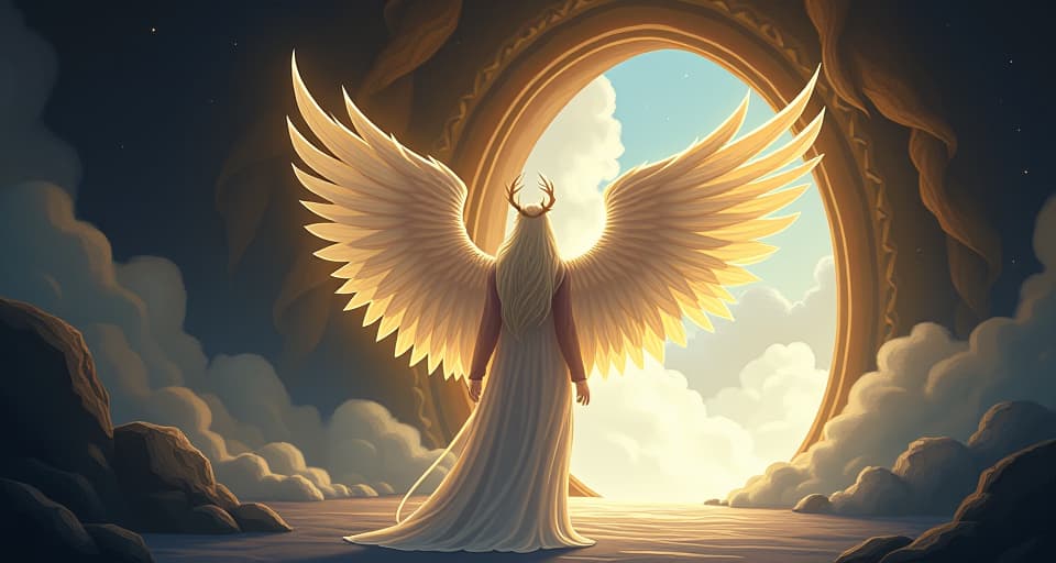  a celestial guardian with radiant wings, stepping back from the entrance of a mystical portal. the mood is one of careful contemplation, suggesting a pause for reflection.. the style is digital art illustration,highly detailed, whimsical,magical, dreamlike atmosphere, realism and fantasy blend, smooth, glossy textures,luminous quality, wonder and enchantment.